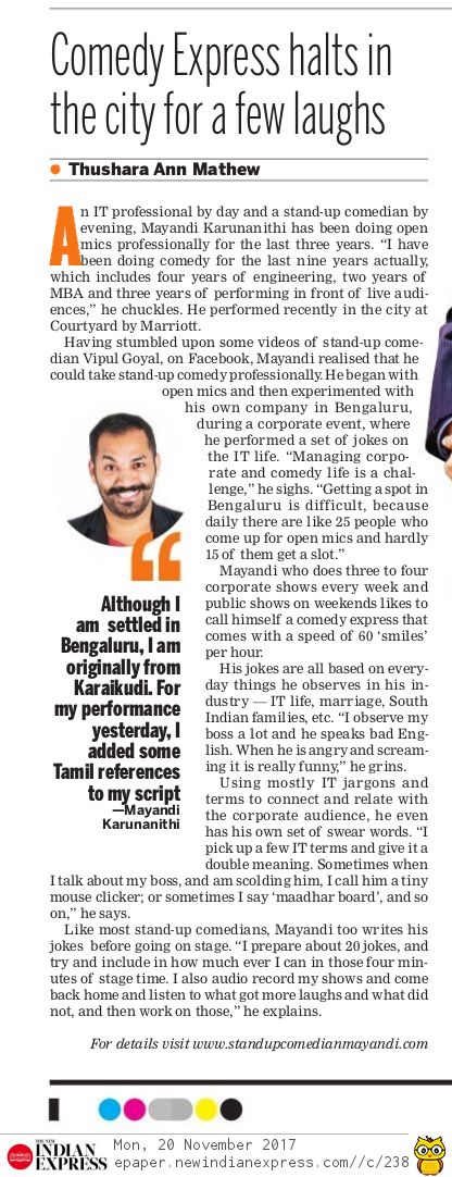 Mayandi Standup Comedian featured in The New Indian Express Chennai dated 20th Nov 2017